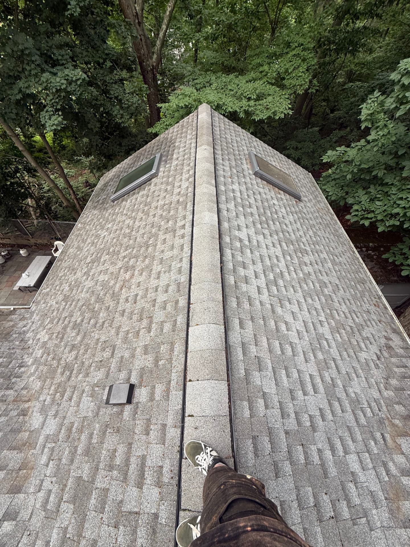 The same roof around the skylights clean and moss-free after washing